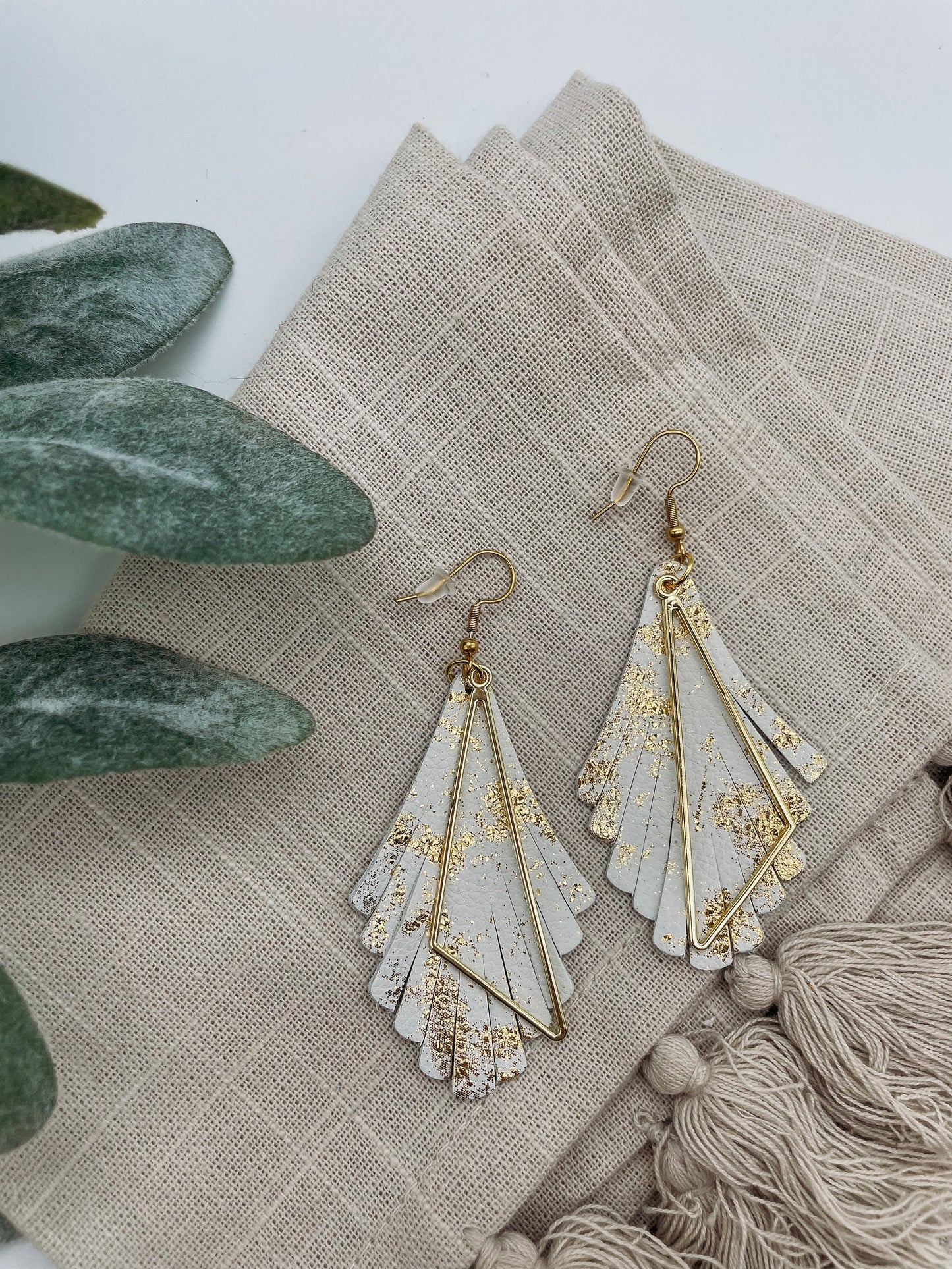 White and Gold Fringed Leather Earrings - Boho Glam with Golden Triangle Accent