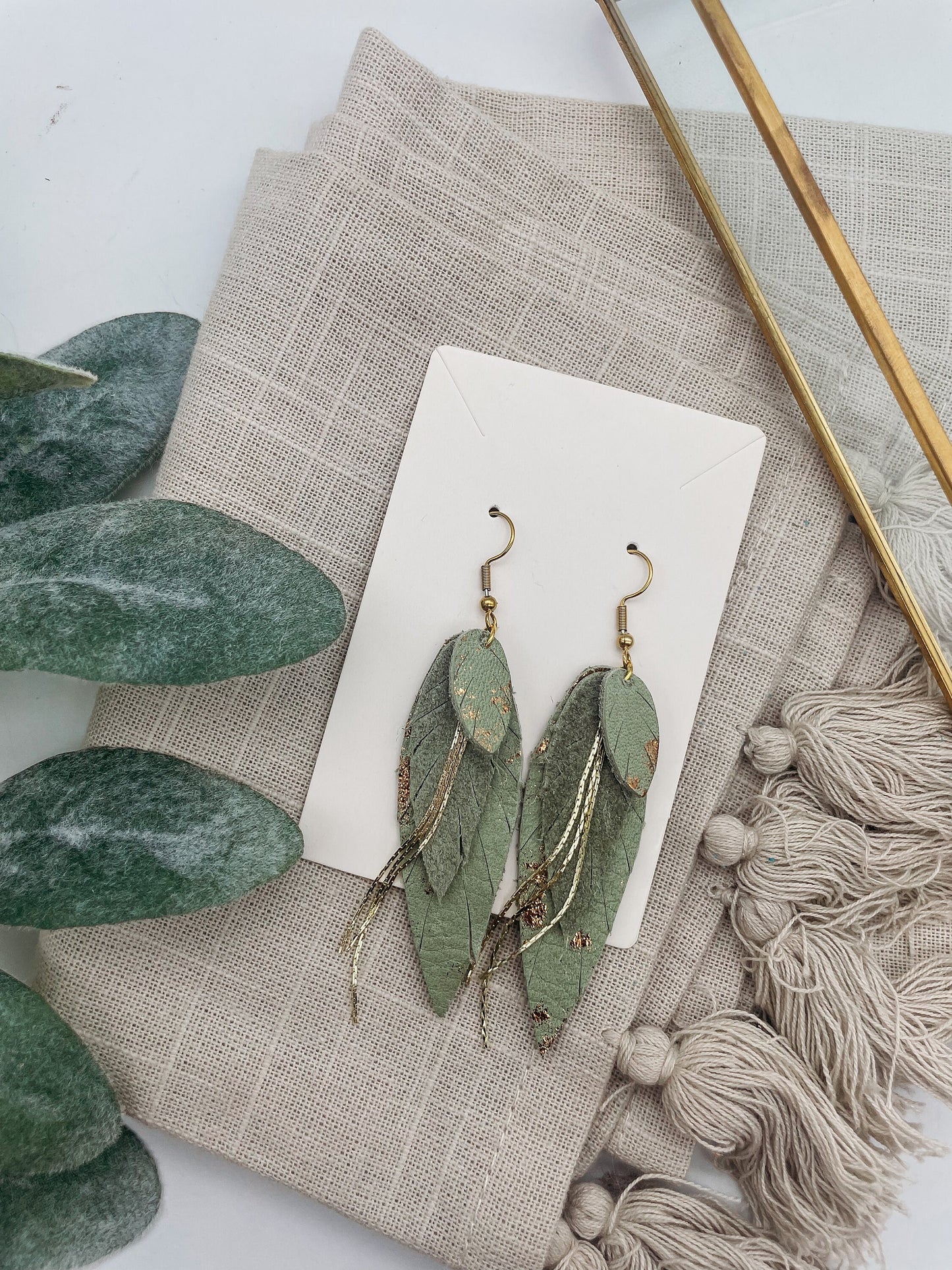 Sage Green and Gold Layered Feathered Earrings - Boho Chic Dangles