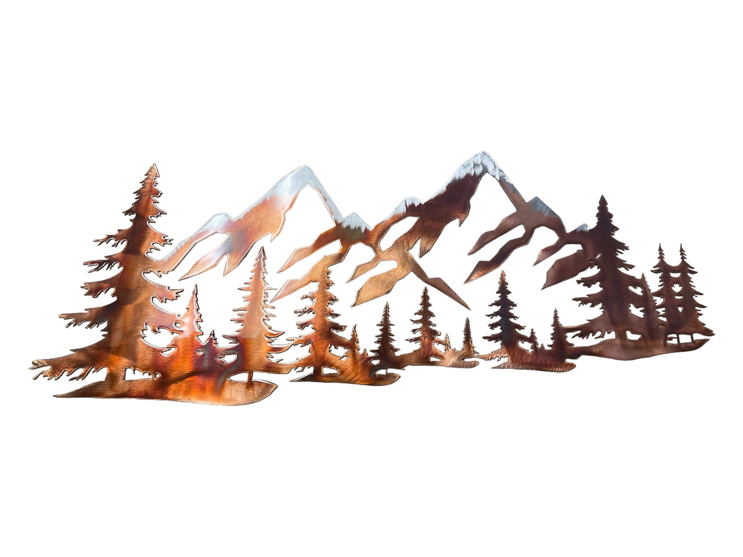 Copper Plated Metal Art Scene - Trees and Snow Capped Mountains