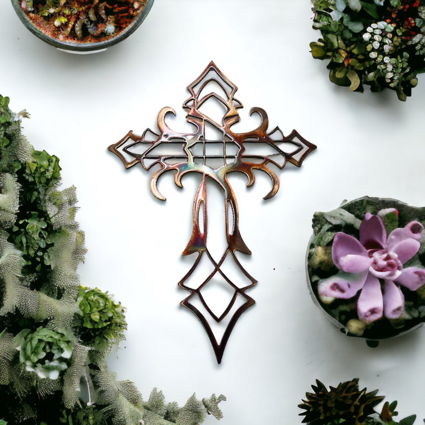 Ornamental Cross Metal Wall Art Decor - Copper/Bronze Plated - Handcrafted in the USA - 3 Sizes Available