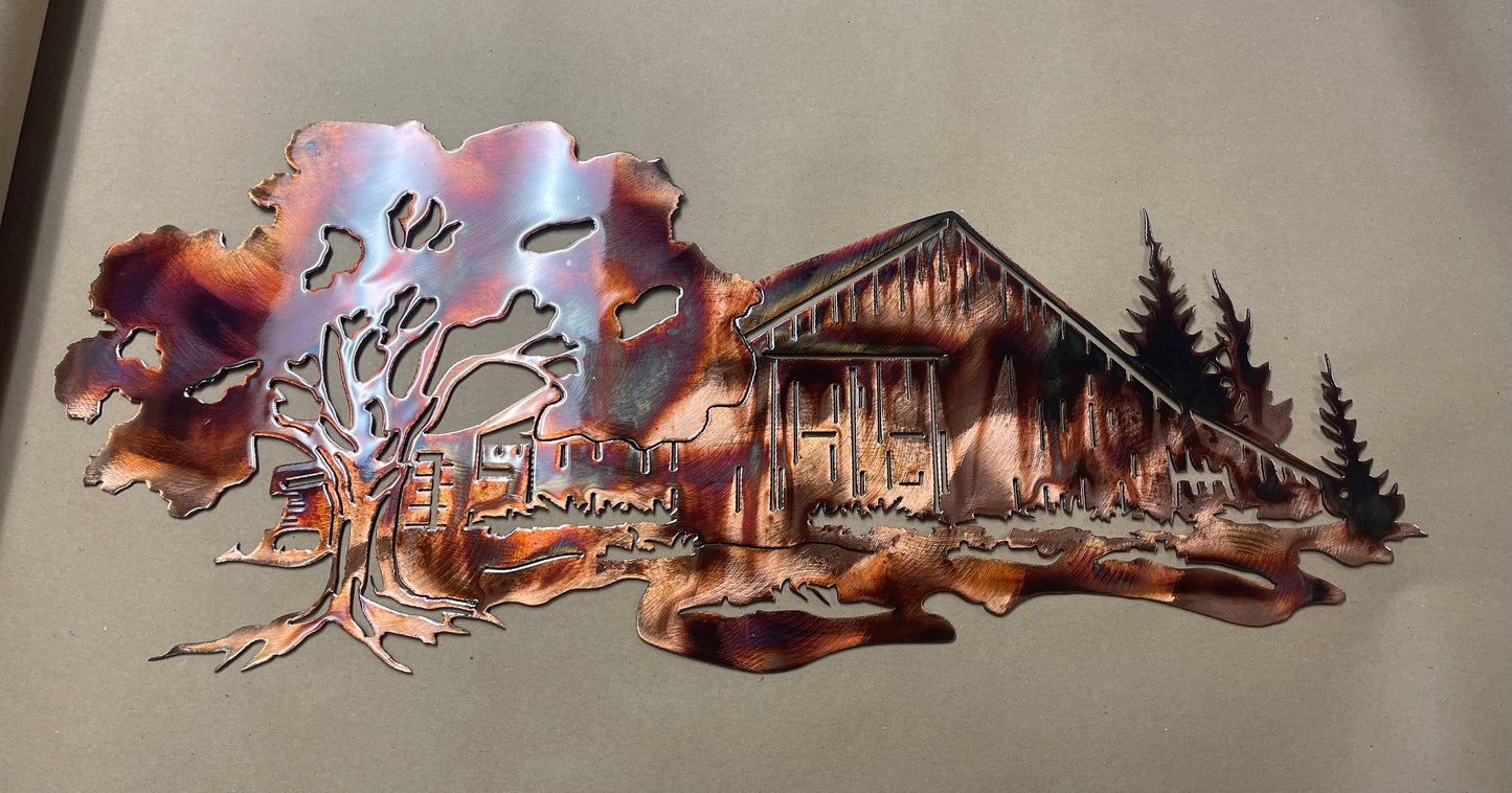 Copper-Plated Barn Scene: Handcrafted Metal Artistry for Rustic Elegance