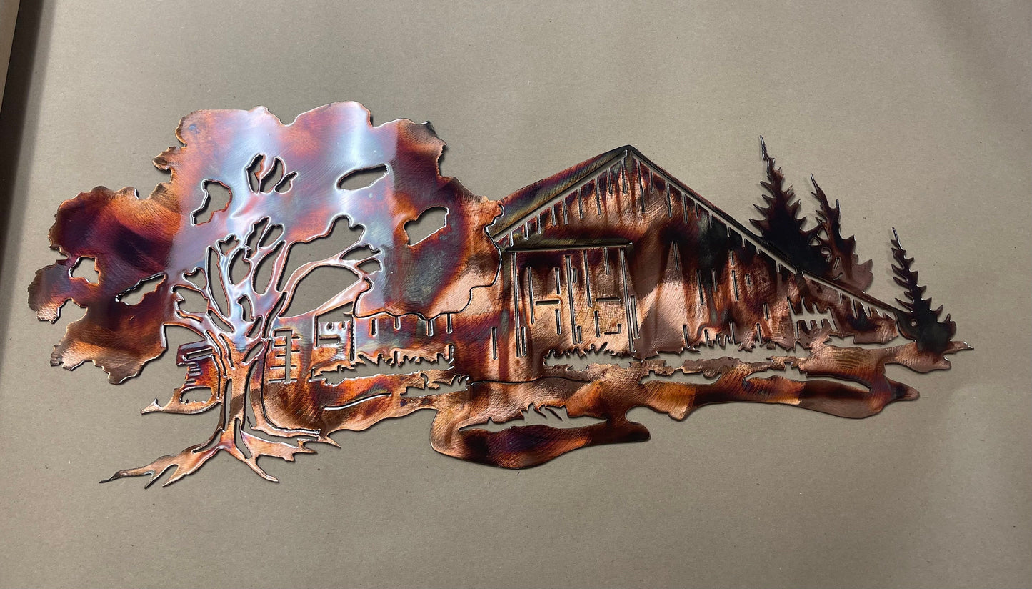 Copper-Plated Barn Scene: Handcrafted Metal Artistry for Rustic Elegance