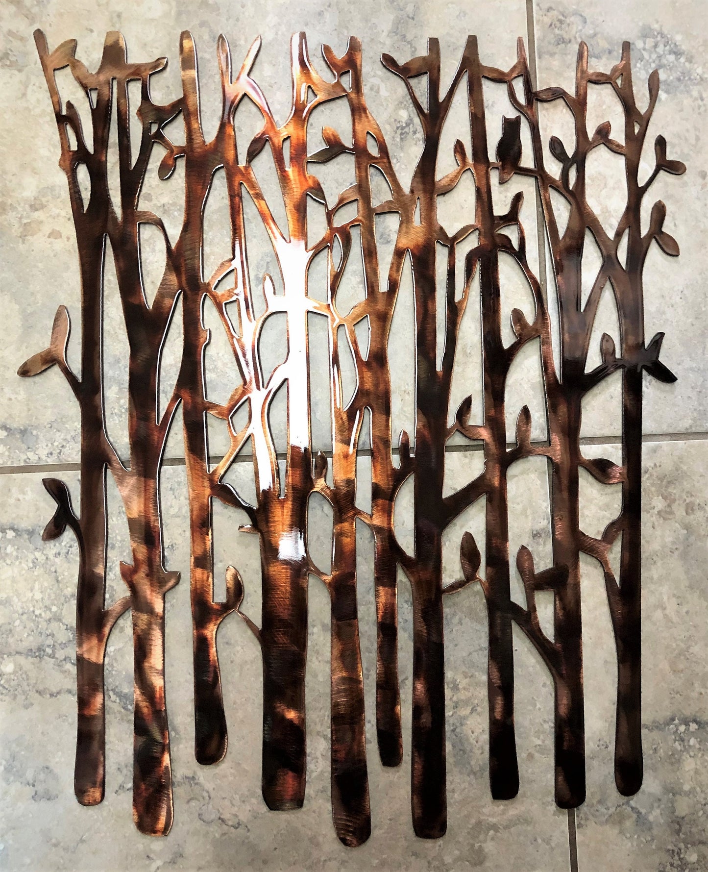 Gilded Tranquility: Birch Tree Metal Wall Art - 24" x 20" Copper Bronzed Plated