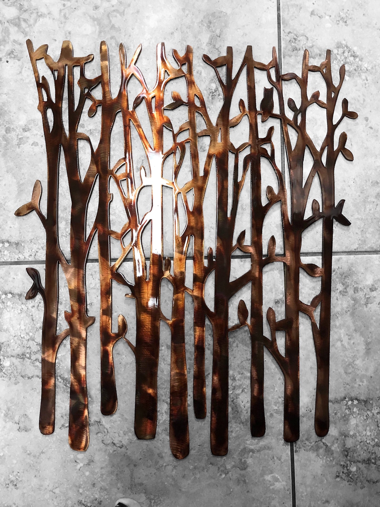 Gilded Tranquility: Birch Tree Metal Wall Art - 24" x 20" Copper Bronzed Plated