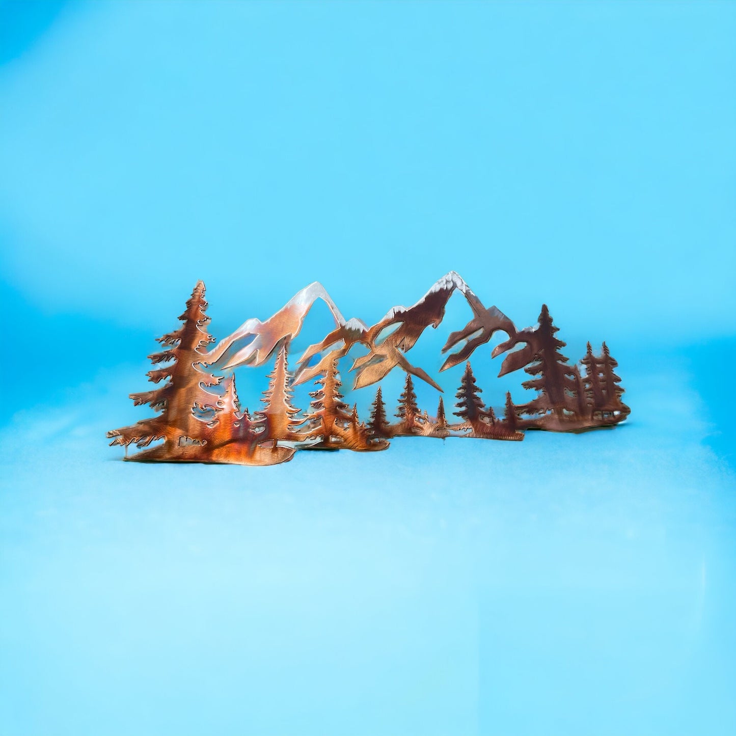 Copper Plated Metal Art Scene - Trees and Snow Capped Mountains