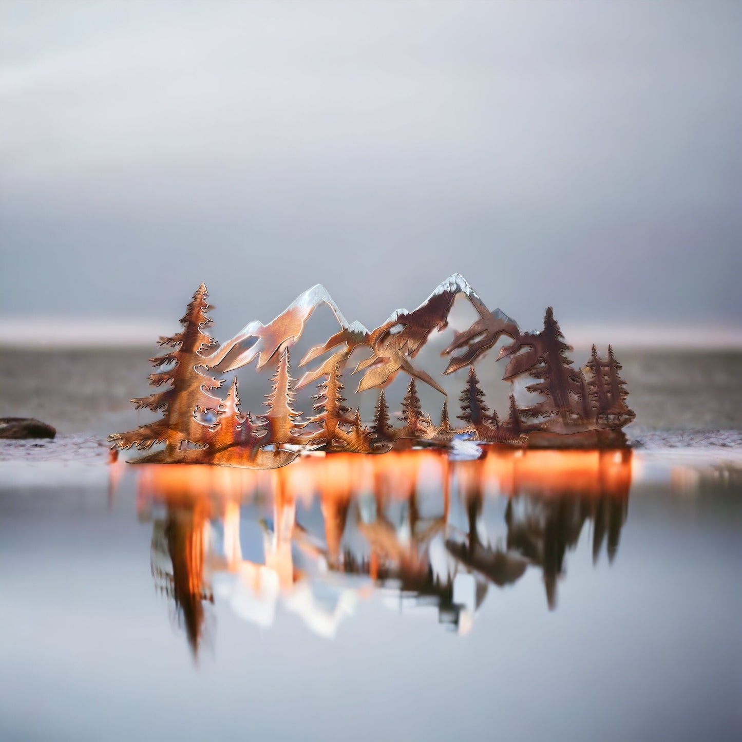 Copper Plated Metal Art Scene - Trees and Snow Capped Mountains