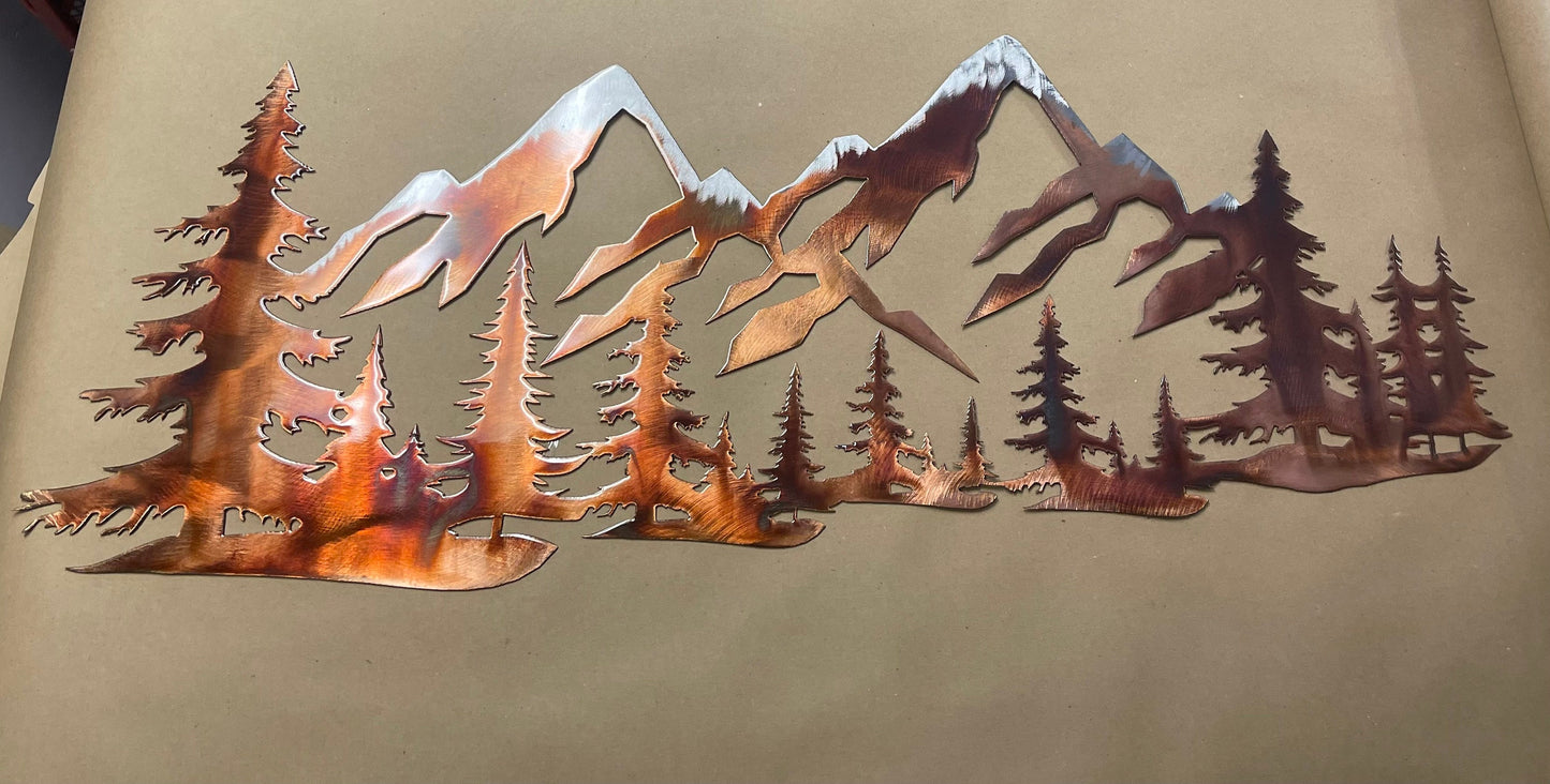 Copper Plated Metal Art Scene - Trees and Snow Capped Mountains