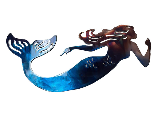 Swimming Mermaid - Metal Wall Art  Copper/Bronzed Plated with a Marbled Blue Finish