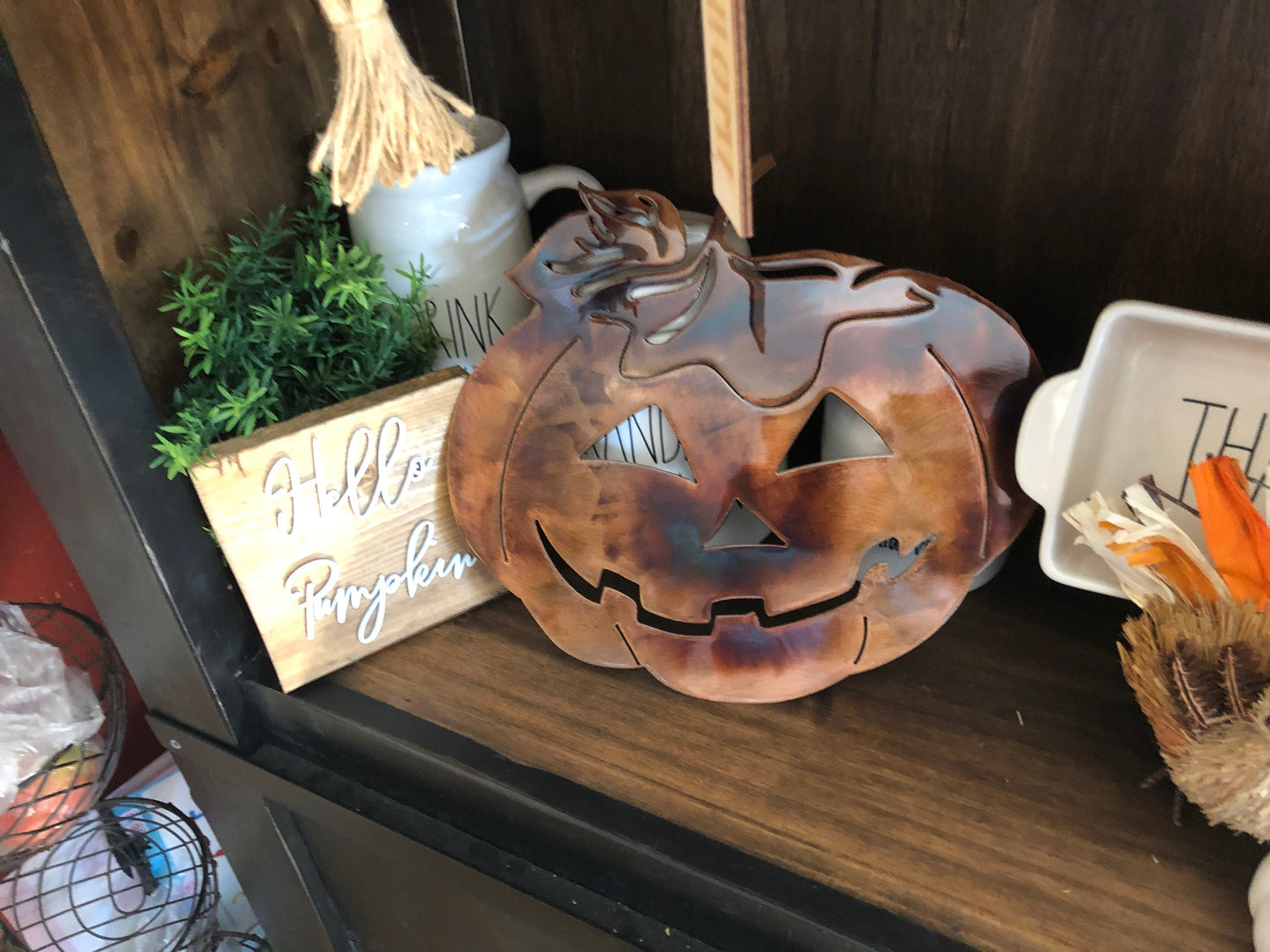 Harvest Magic: Jack O Lantern Pumpkin Metal Wall Art Decor - 12" x 11 1/4"