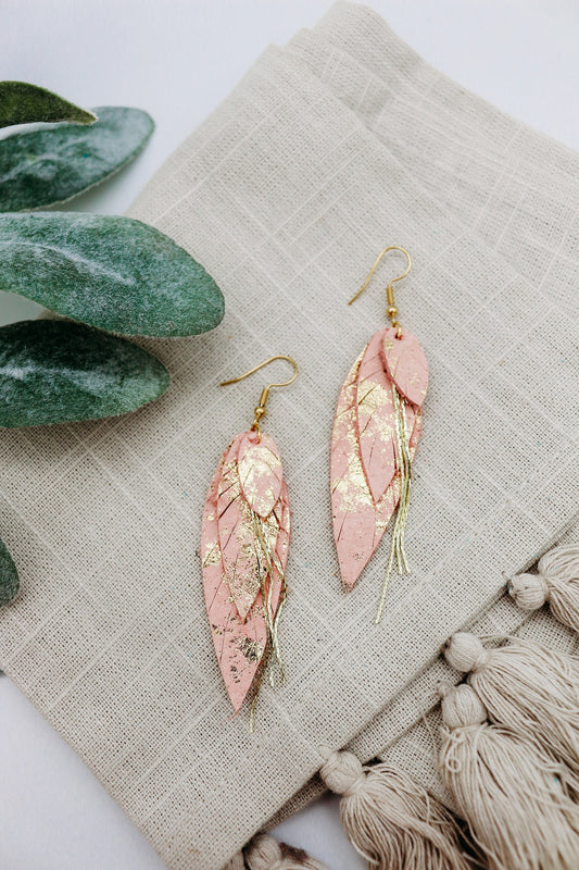 Pink and Gold Layered Feathered Earrings - Boho Chic Dangles