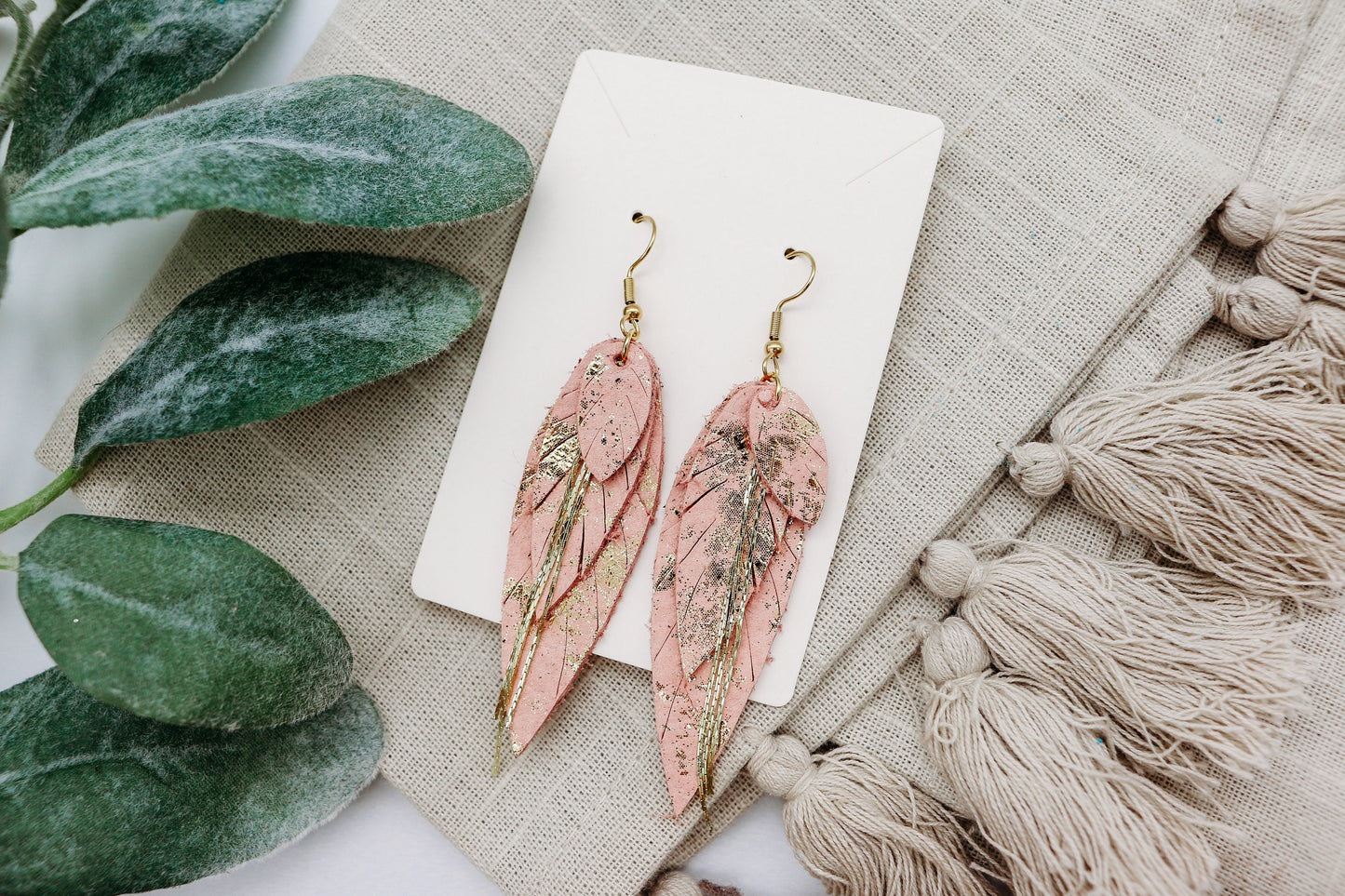 Pink and Gold Layered Feathered Earrings - Boho Chic Dangles