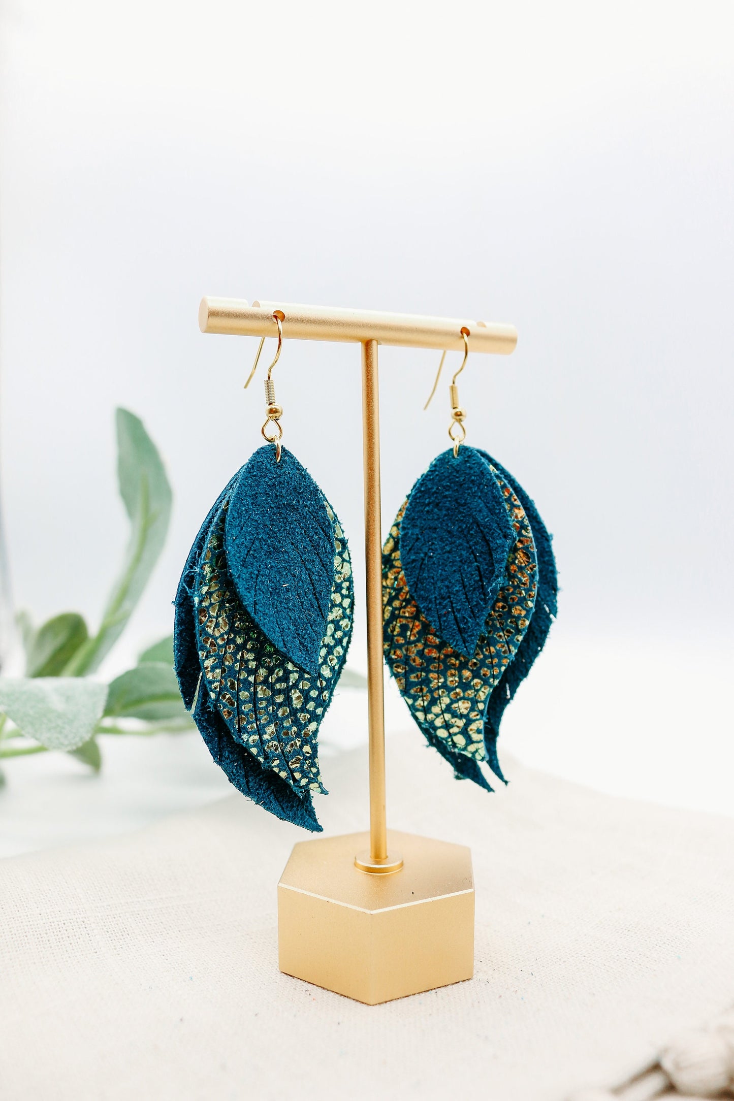 Teal and Gold Cameleon Layered Feathered Earrings - Boho Chic Dangles