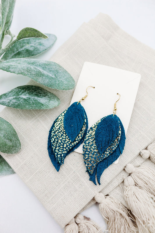 Teal and Gold Cameleon Layered Feathered Earrings - Boho Chic Dangles