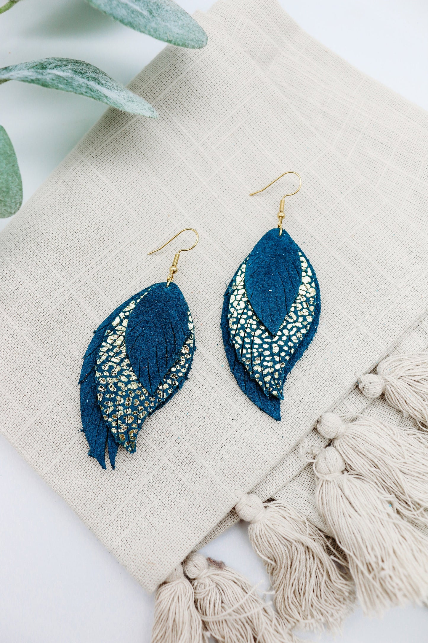 Teal and Gold Cameleon Layered Feathered Earrings - Boho Chic Dangles