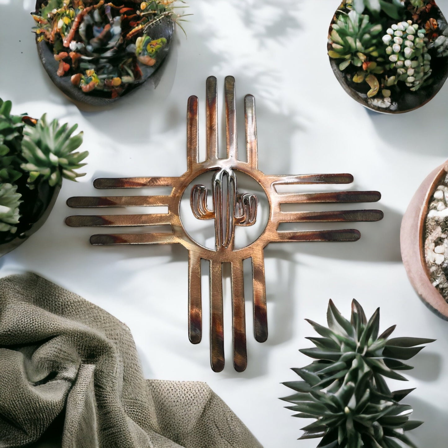 Zia Metal Wall Art Copper & Bronzed Plated with Cactus Center - Southwest Decor