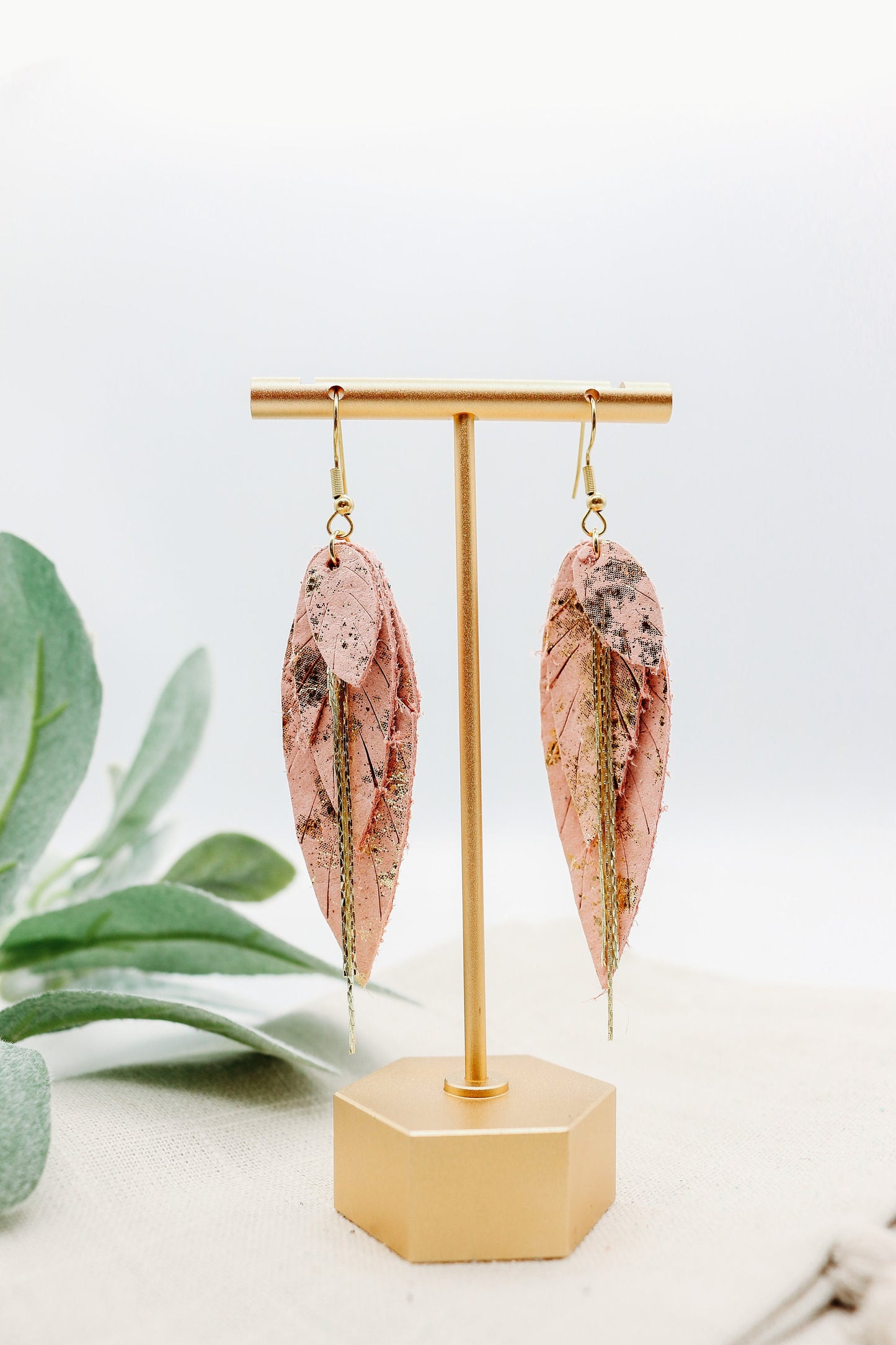 Pink and Gold Layered Feathered Earrings - Boho Chic Dangles