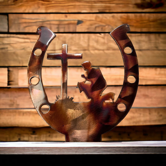 Praying At the Cross Metal Wall Art Horseshoe Metal Art