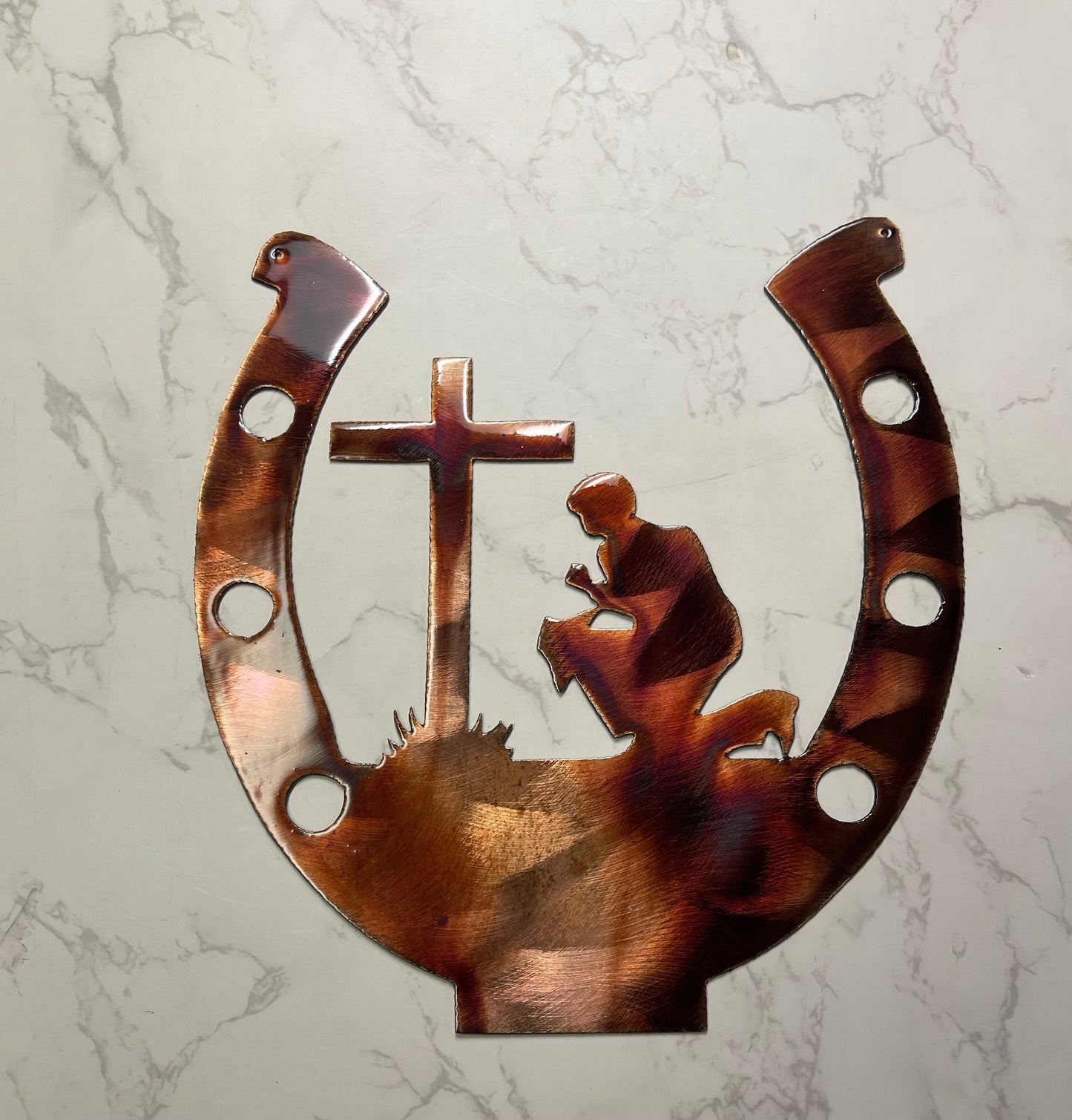 Praying At the Cross Metal Wall Art Horseshoe Metal Art