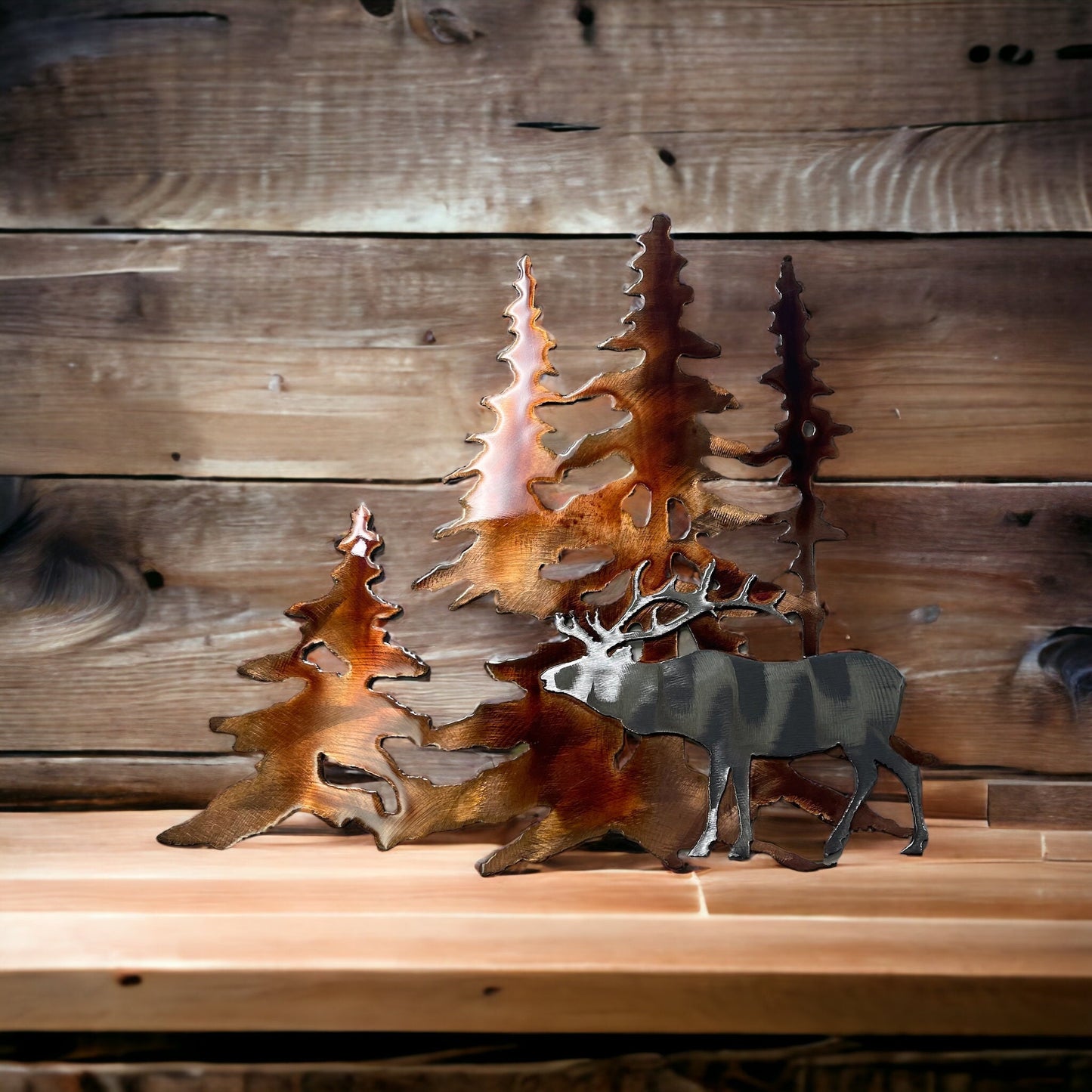 Elk in the Forest Trees in copper & Silver Metal Wall Art Decor