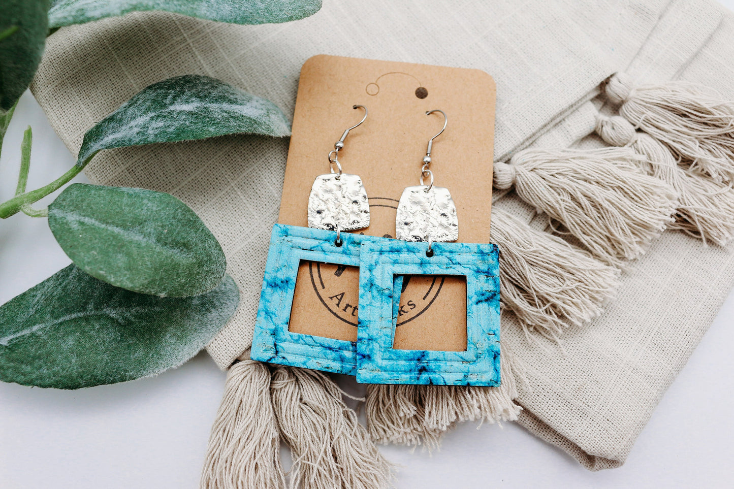 Genuine Cork Leather Southwestern Turquoise Geometric Earrings