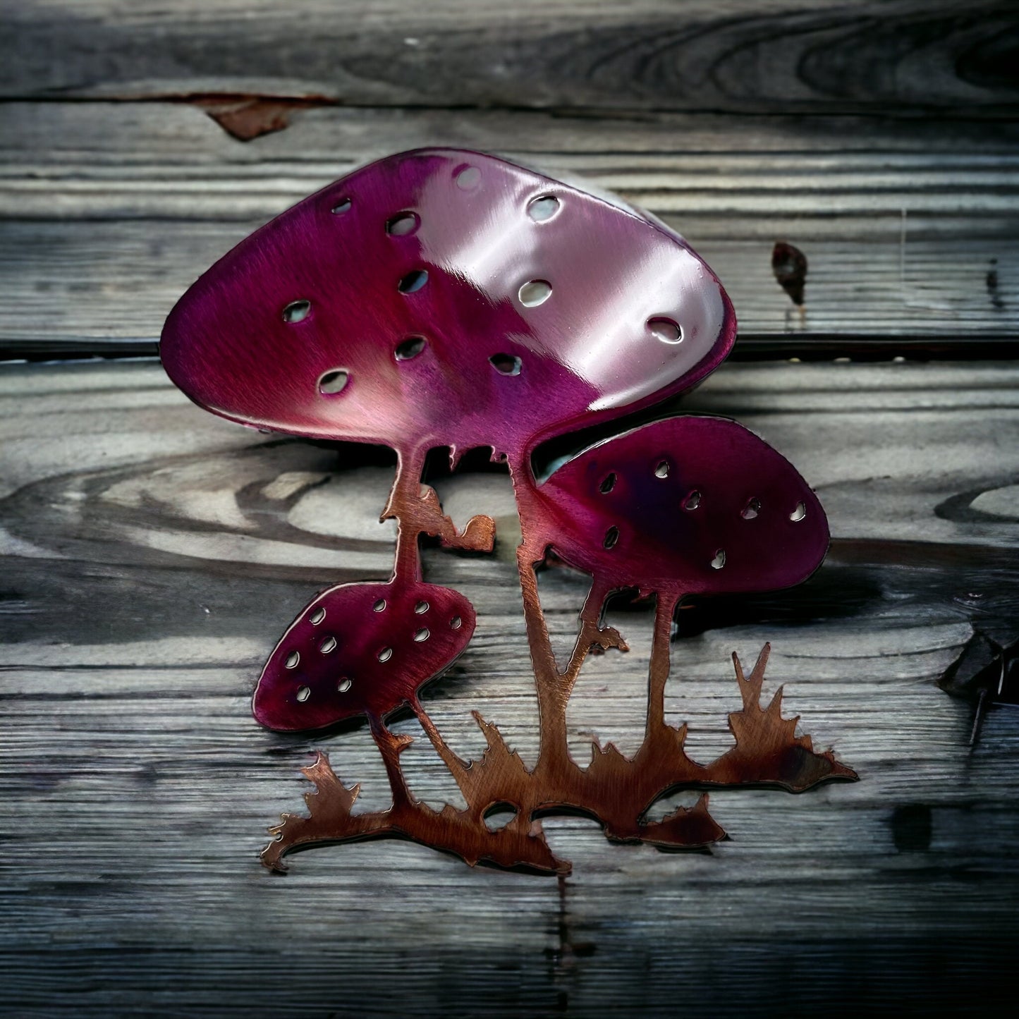 Mushroom Metal Wall Art in Copper and Bronzed with a Lavishly Purple-Tinged Finish