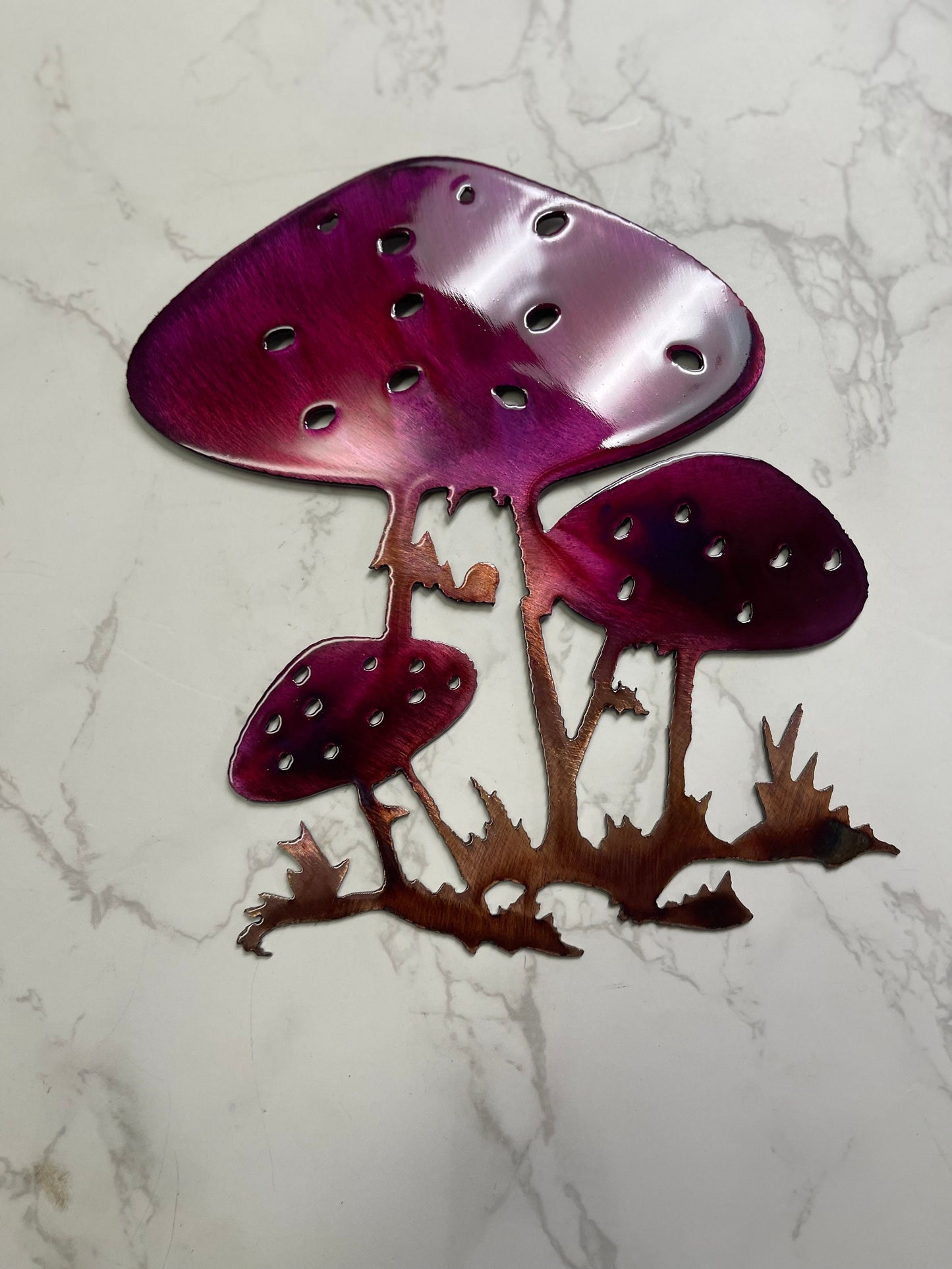 Mushroom Metal Wall Art in Copper and Bronzed with a Lavishly Purple-Tinged Finish