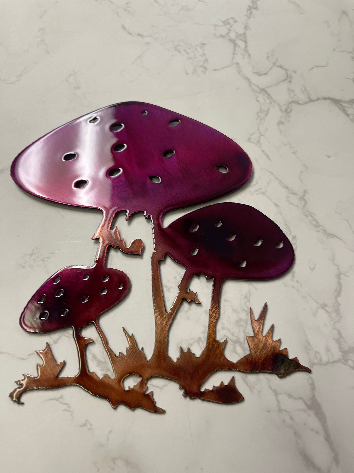 Mushroom Metal Wall Art in Copper and Bronzed with a Lavishly Purple-Tinged Finish