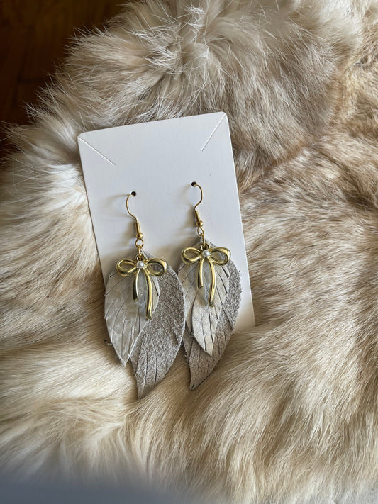 Angelic Bows Fringed Leather Earrings - Boho Glam with Golden Bow Accenet