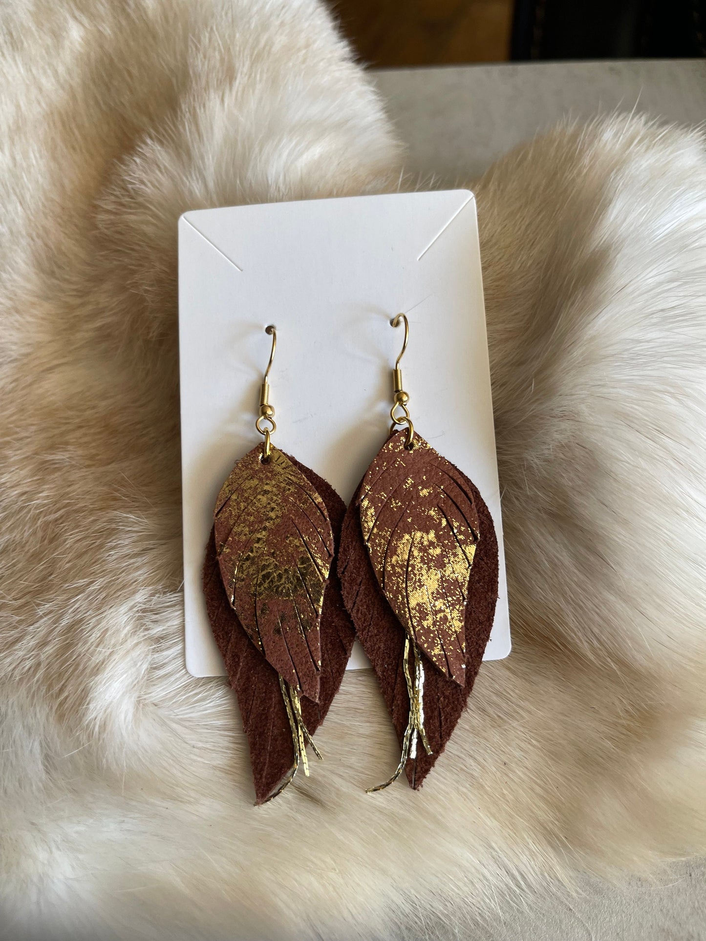 Glamorous Rustic Charm: Brown Metallic Gold Leather Layered Earrings with Gold Accents