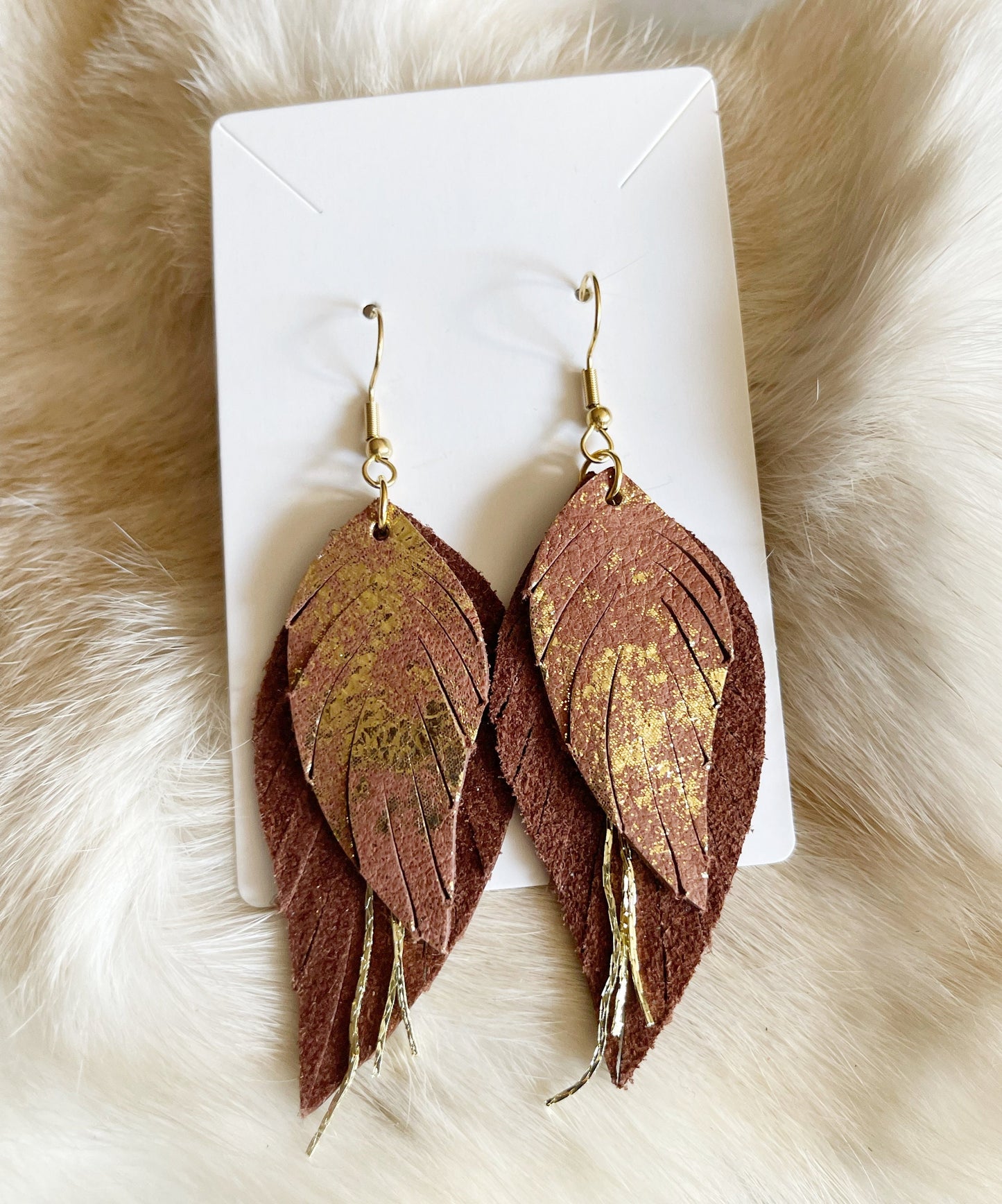 Glamorous Rustic Charm: Brown Metallic Gold Leather Layered Earrings with Gold Accents