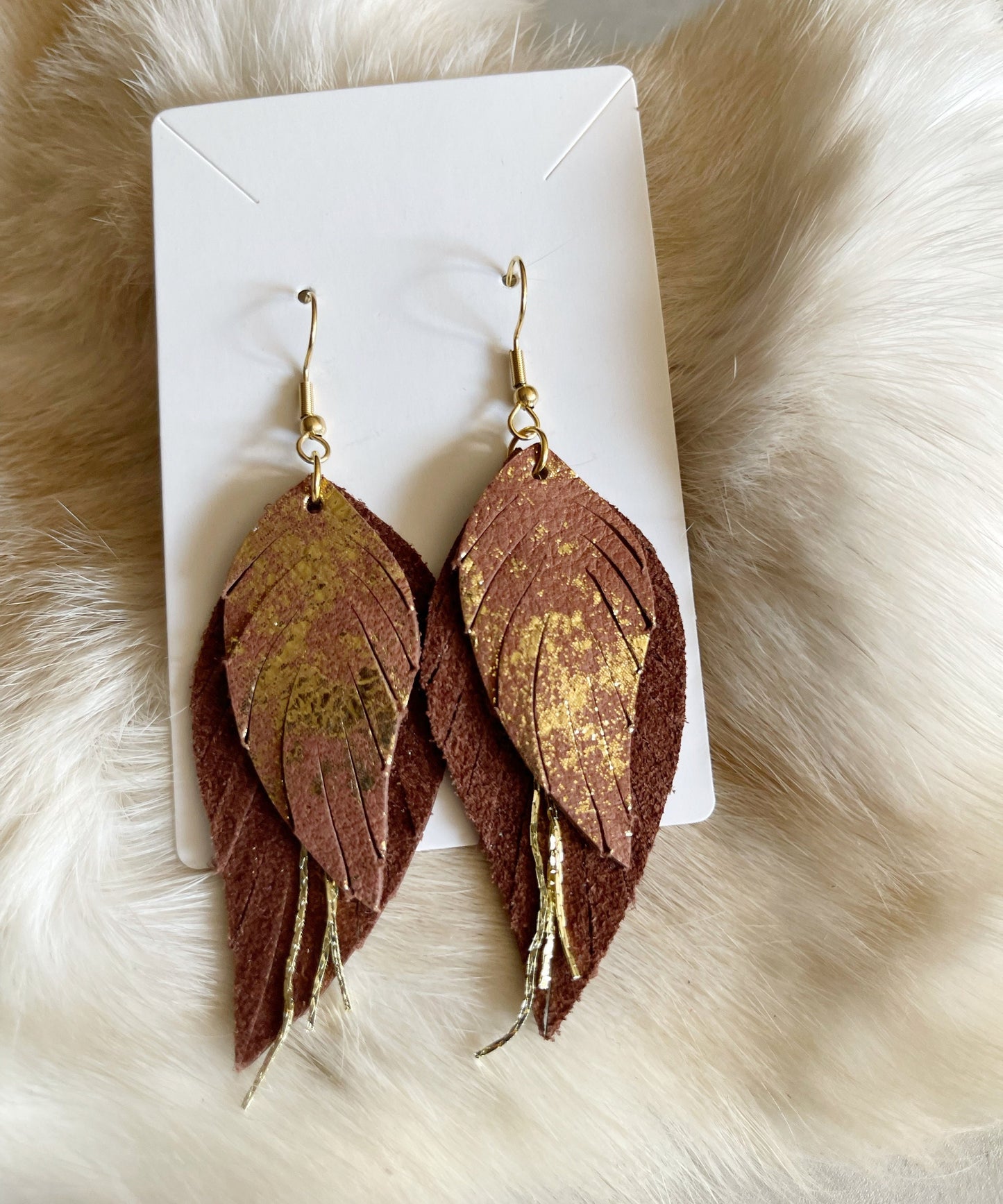 Glamorous Rustic Charm: Brown Metallic Gold Leather Layered Earrings with Gold Accents