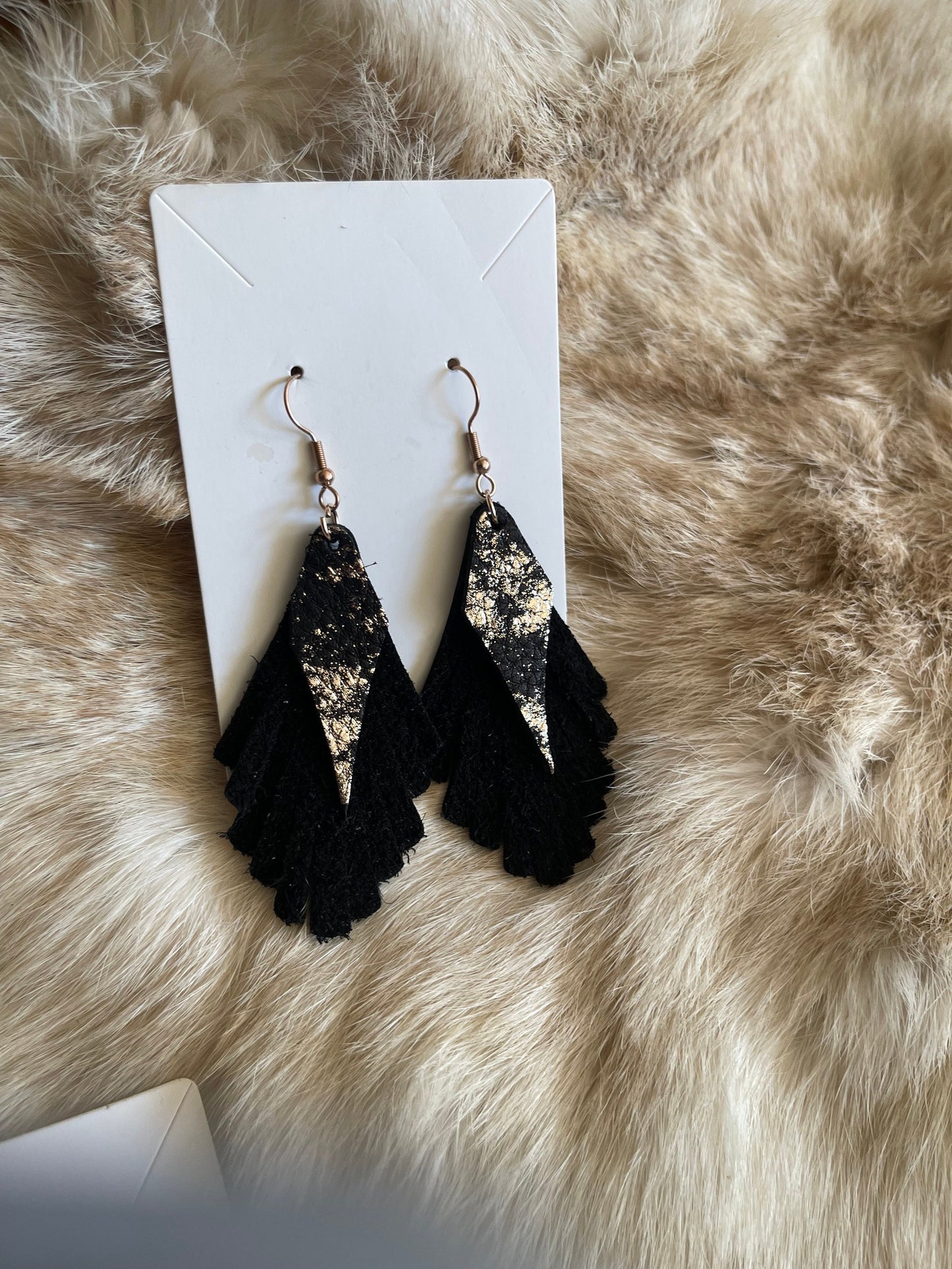 Elegant Fringed Black Genuine Leather Layered Earrings