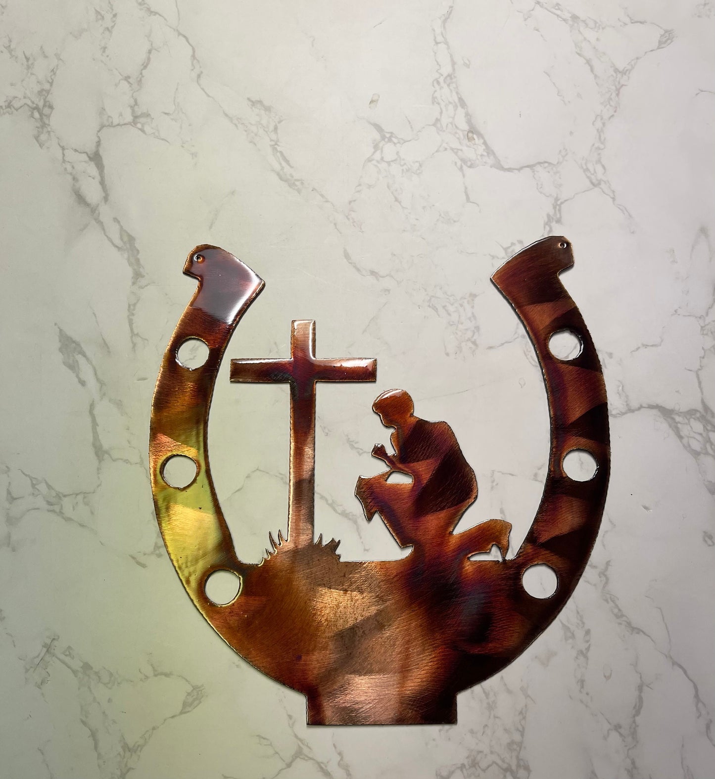 Praying At the Cross Metal Wall Art Horseshoe Metal Art