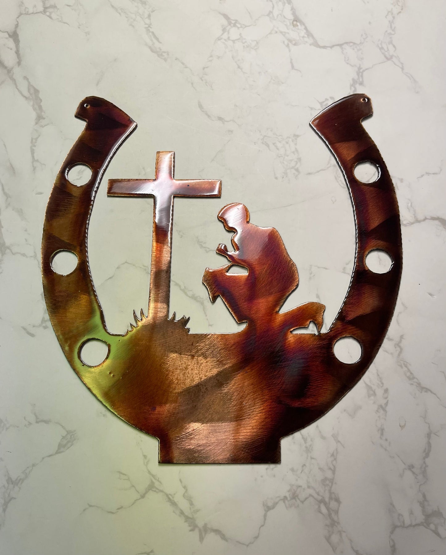 Praying At the Cross Metal Wall Art Horseshoe Metal Art