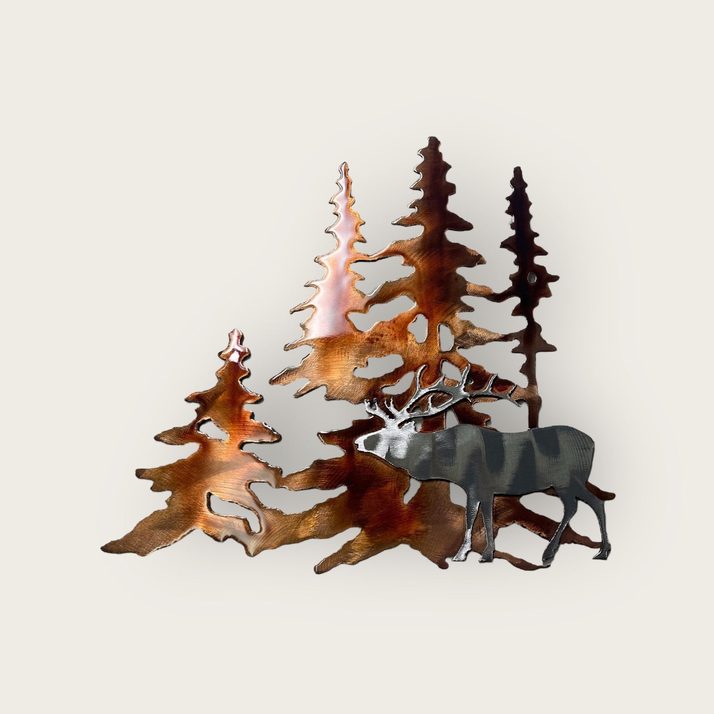 Elk in the Forest Trees in copper & Silver Metal Wall Art Decor