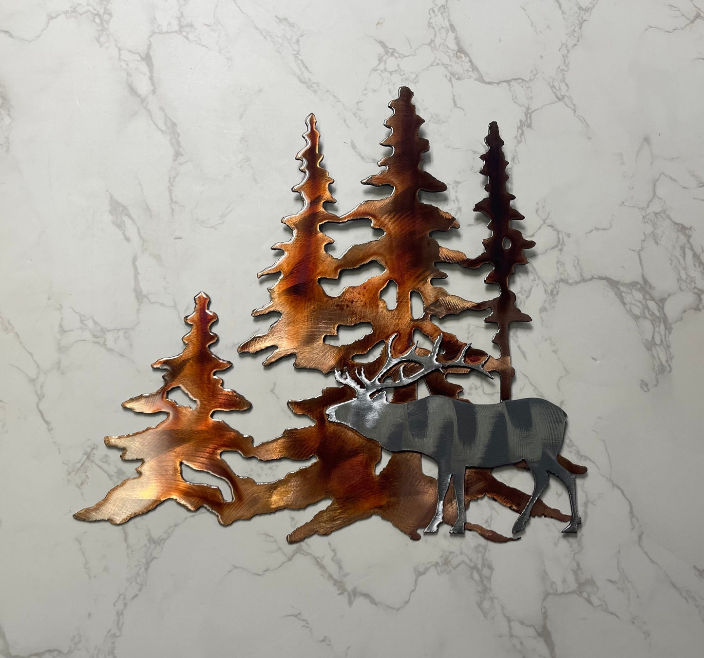 Elk in the Forest Trees in copper & Silver Metal Wall Art Decor