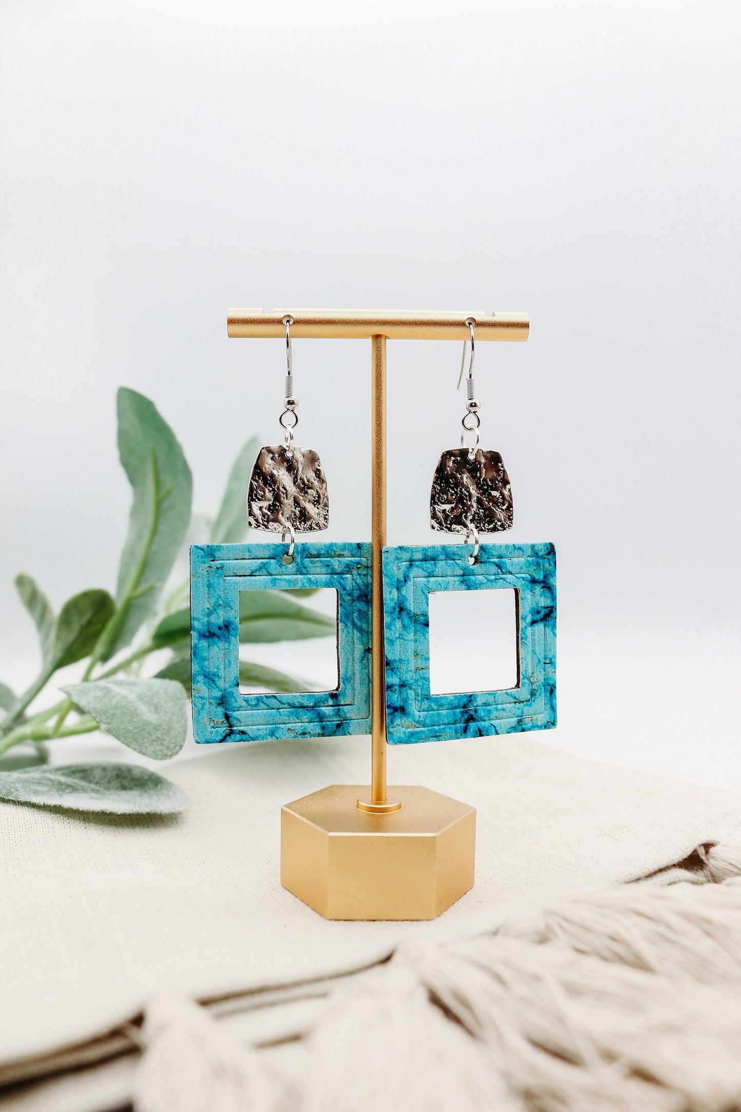 Genuine Cork Leather Southwestern Turquoise Geometric Earrings