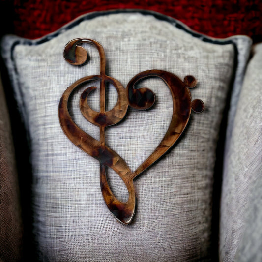 Musical Note Clef Heart Metal Wall Art Style 2 choose 9" tall, 13" tall or 22" tall - Copper & Bronze Plated