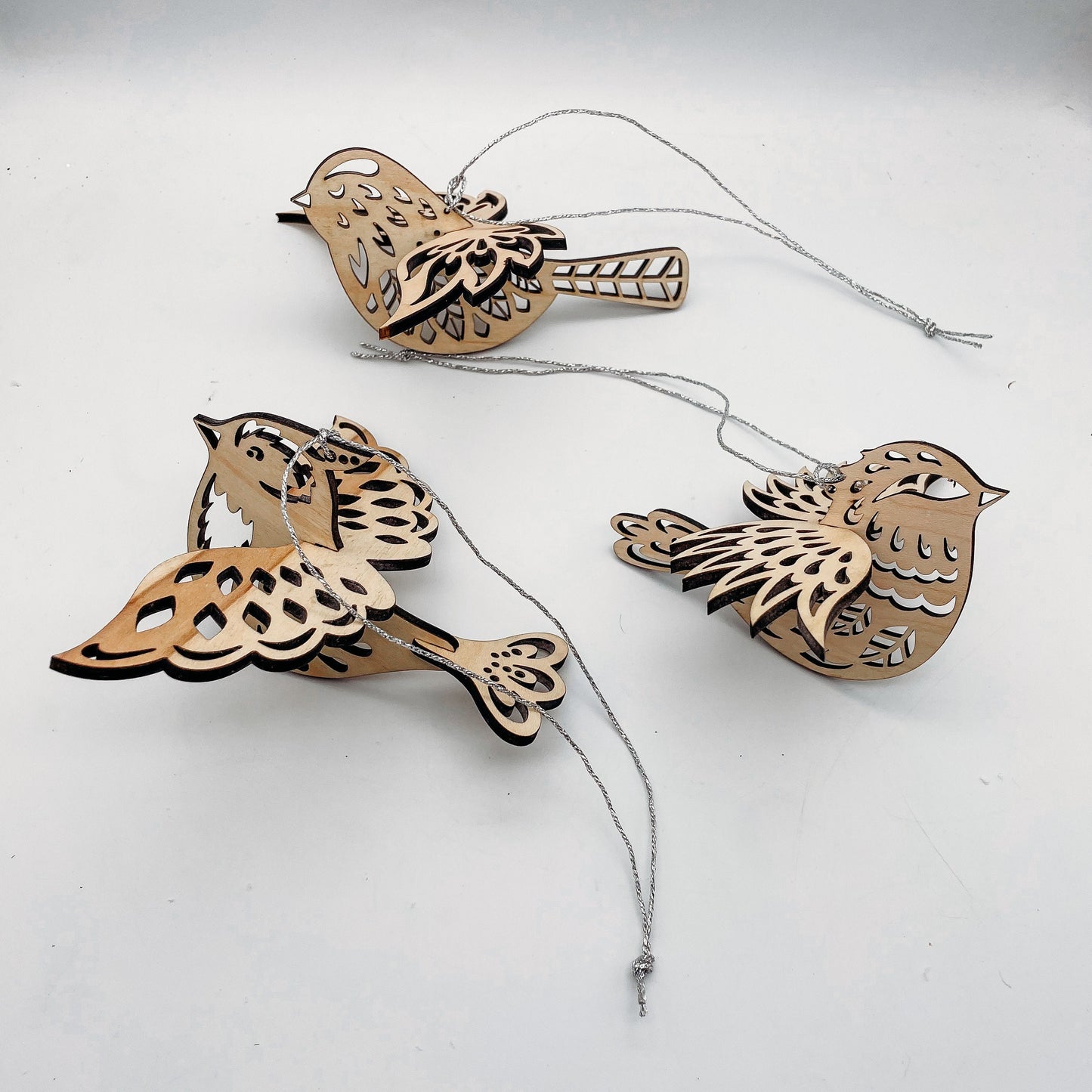 Whimsical Flight: Wood Bird Ornaments - Set of three