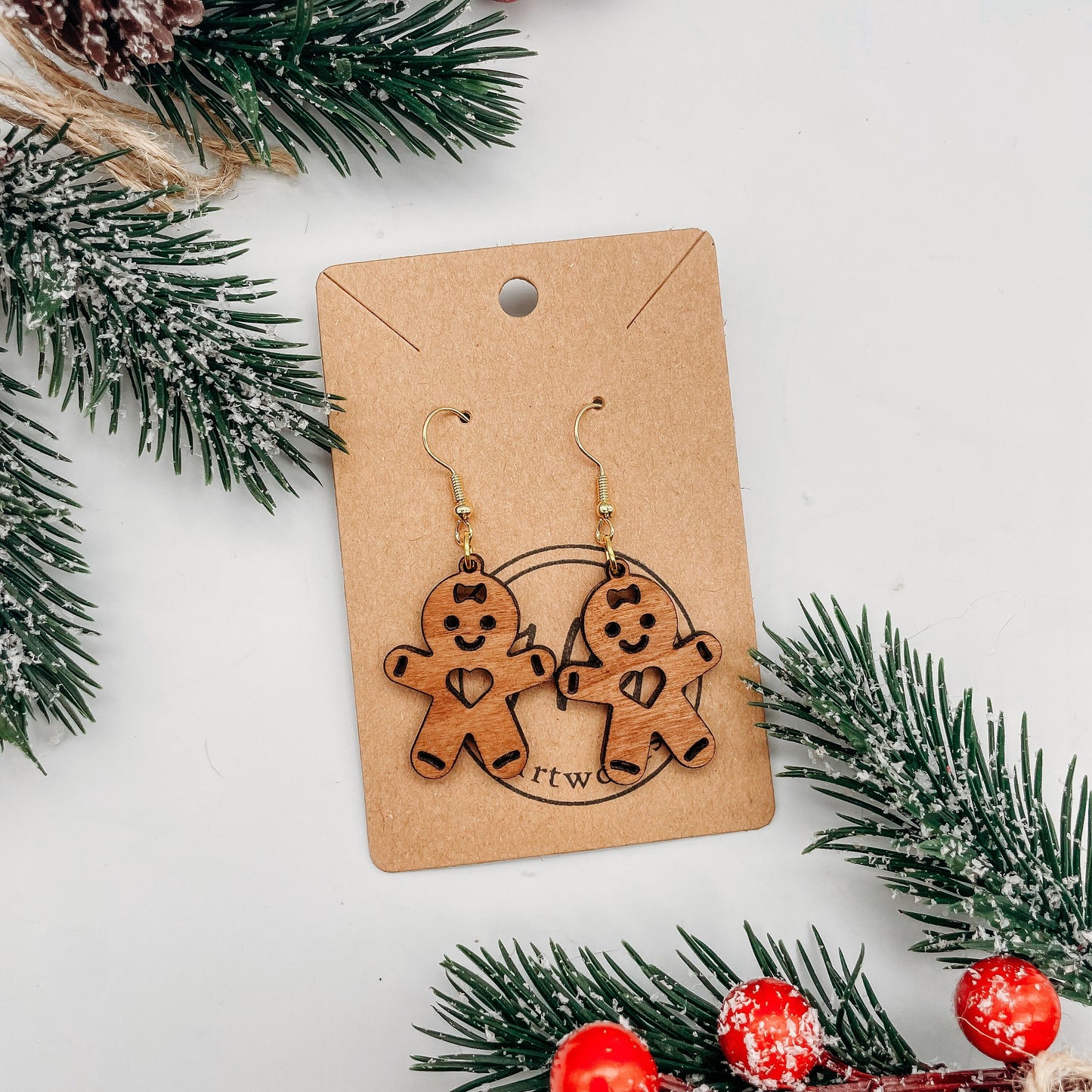 Gingerbread Man Wood Dangle Earrings