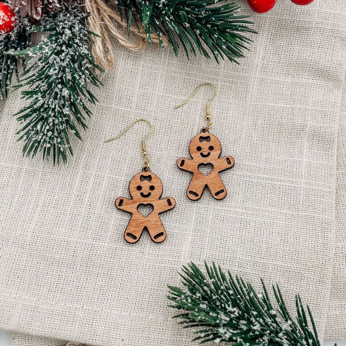 Gingerbread Man Wood Dangle Earrings