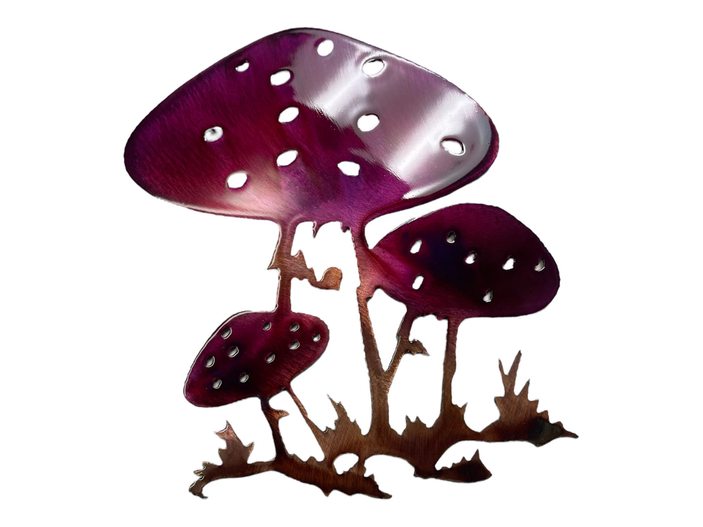 Mushroom Metal Wall Art in Copper and Bronzed with a Lavishly Purple-Tinged Finish