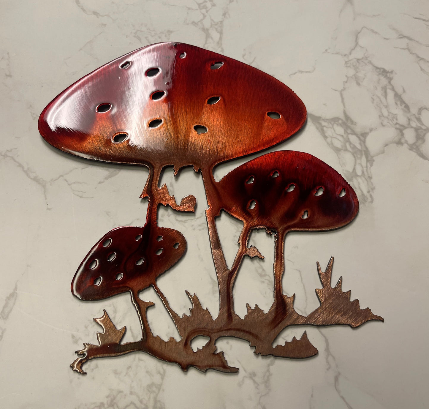 Mushroom Metal Wall Art in Copper and Bronzed with a Ruby Red-Tinged Finish