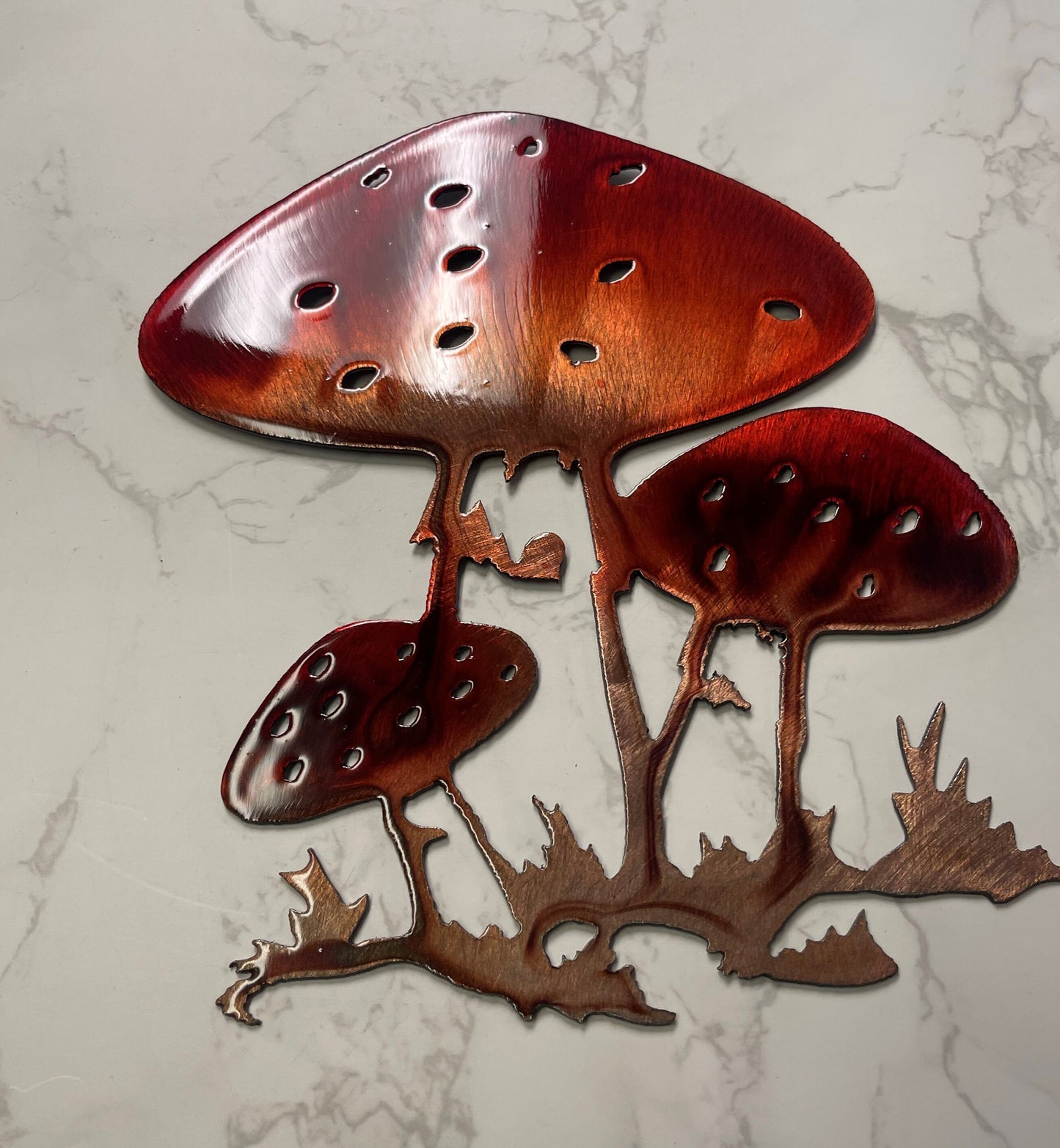 Mushroom Metal Wall Art in Copper and Bronzed with a Ruby Red-Tinged Finish