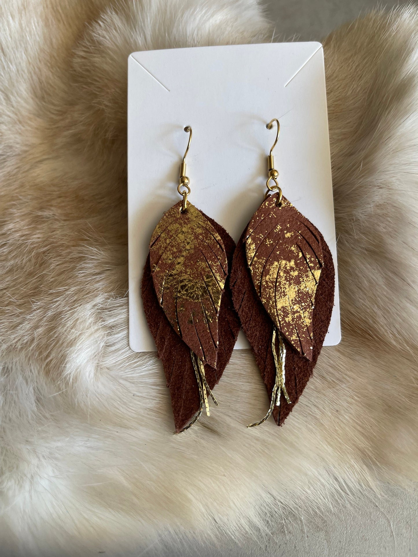 Glamorous Rustic Charm: Brown Metallic Gold Leather Layered Earrings with Gold Accents