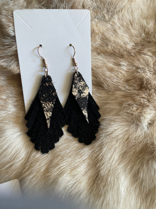 Elegant Fringed Black Genuine Leather Layered Earrings