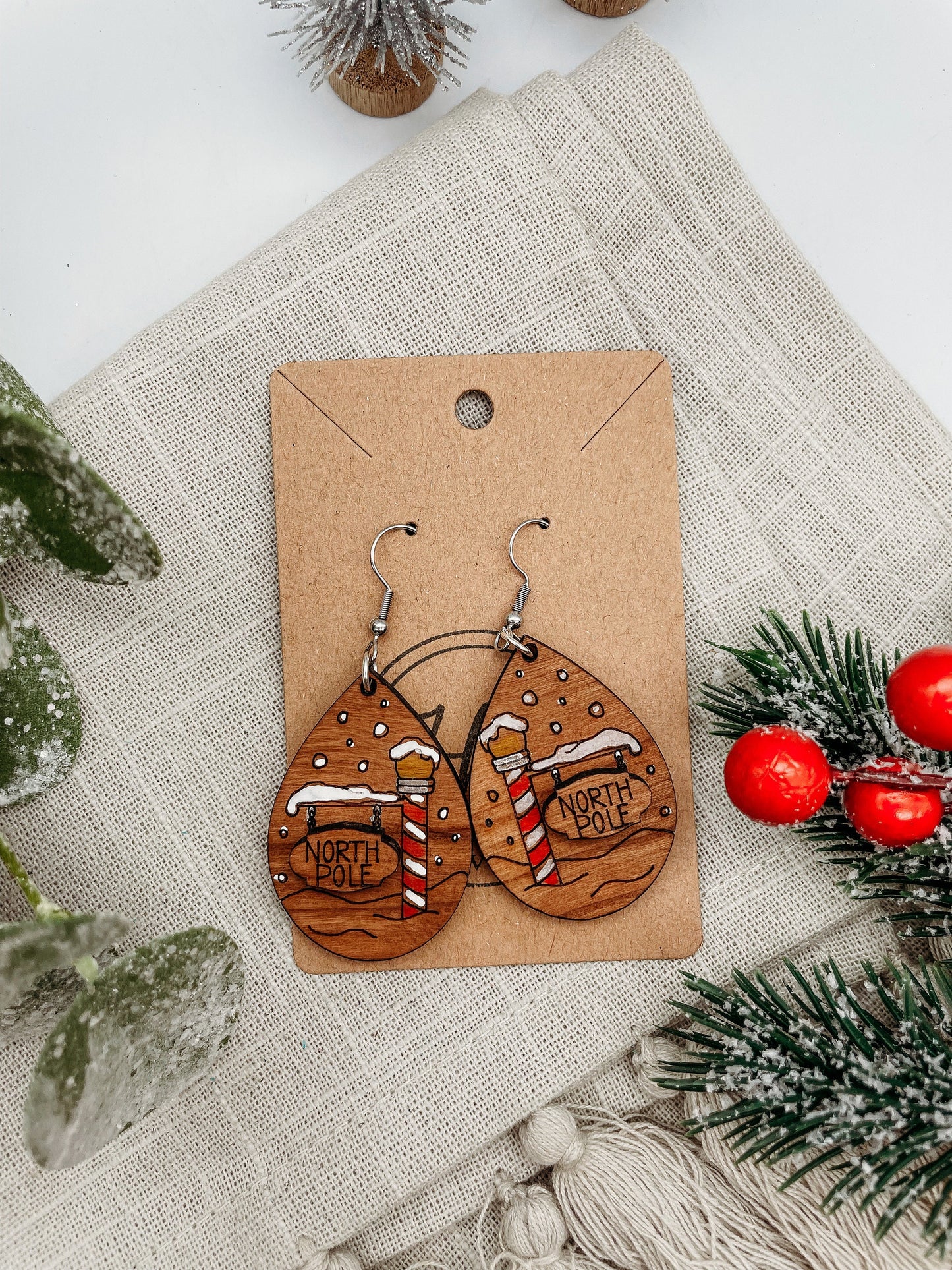 North Pole Christmas dangle earrings | wood | handmade