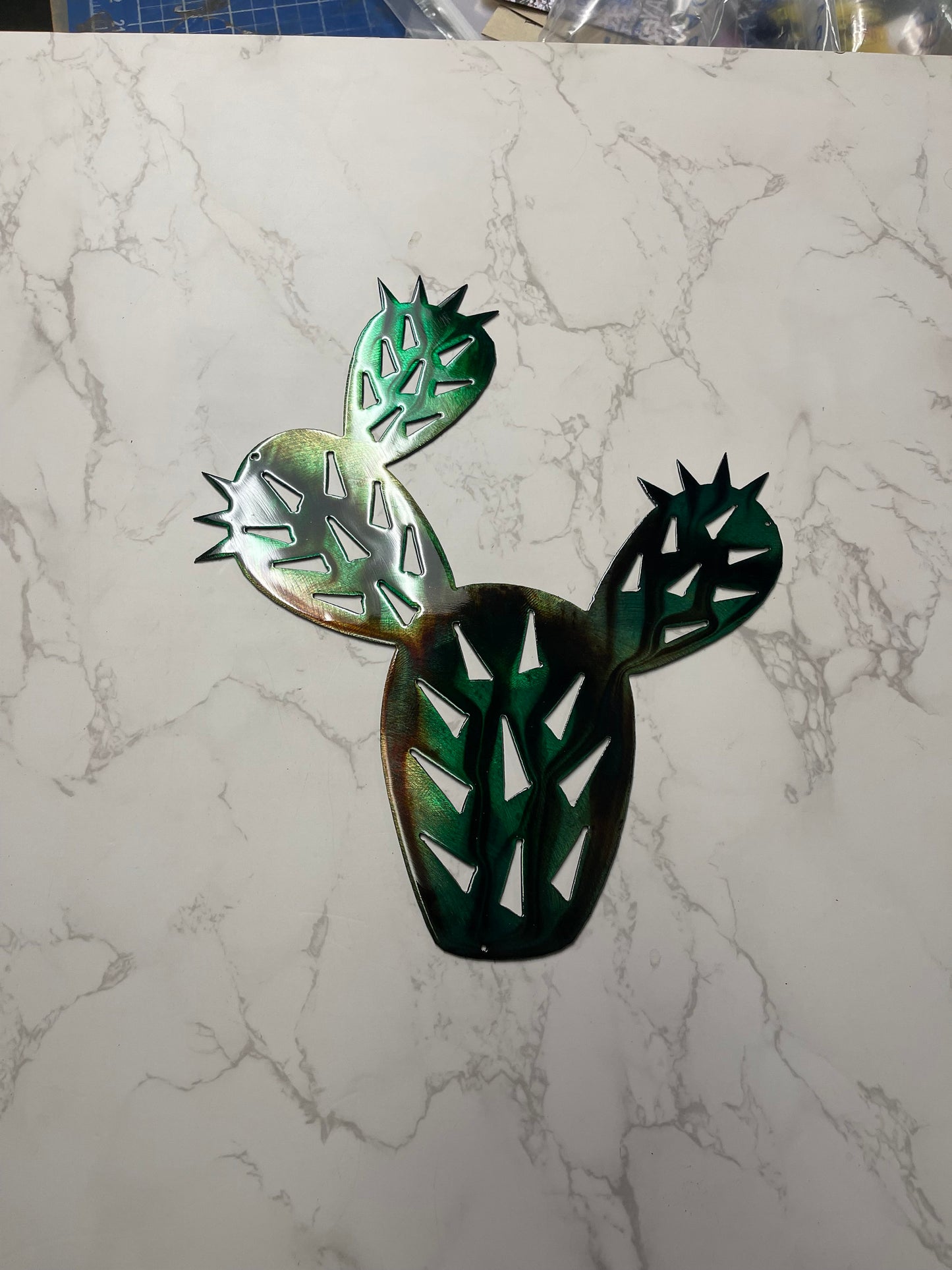 Prickly Pear Cactus Metal Wall Art Available in Two Sizes (Marbled Green Finish)