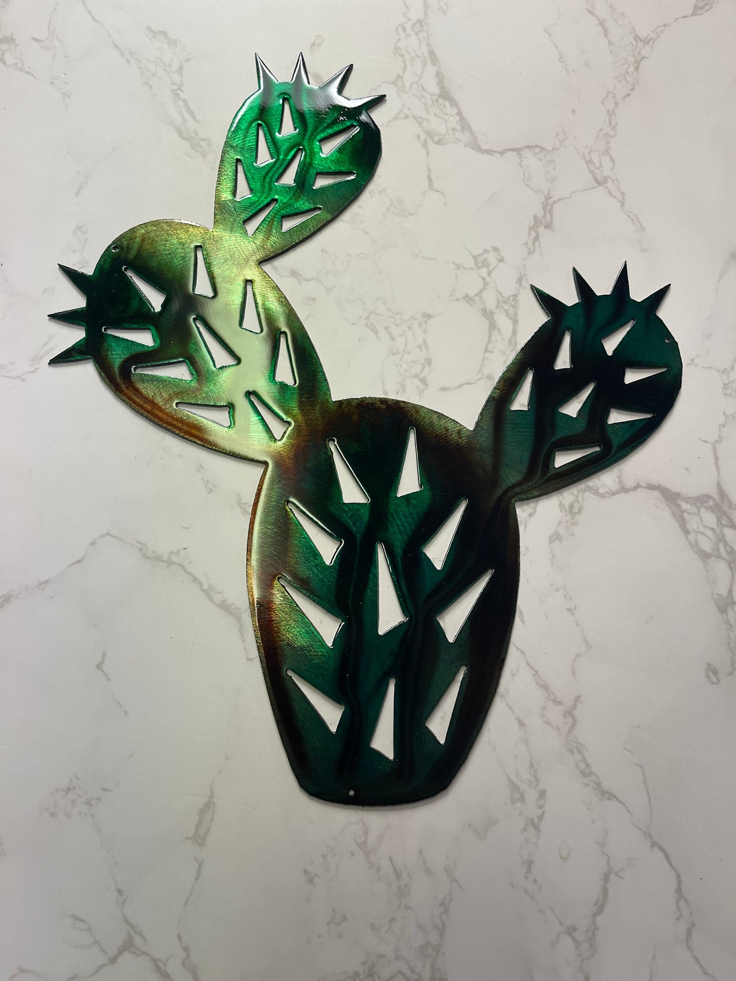 Prickly Pear Cactus Metal Wall Art Available in Two Sizes (Marbled Green Finish)