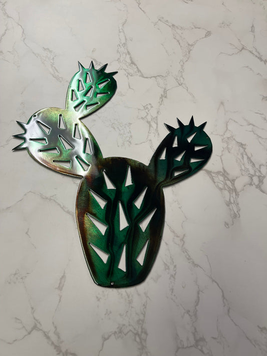 Prickly Pear Cactus Metal Wall Art Available in Two Sizes (Marbled Green Finish)